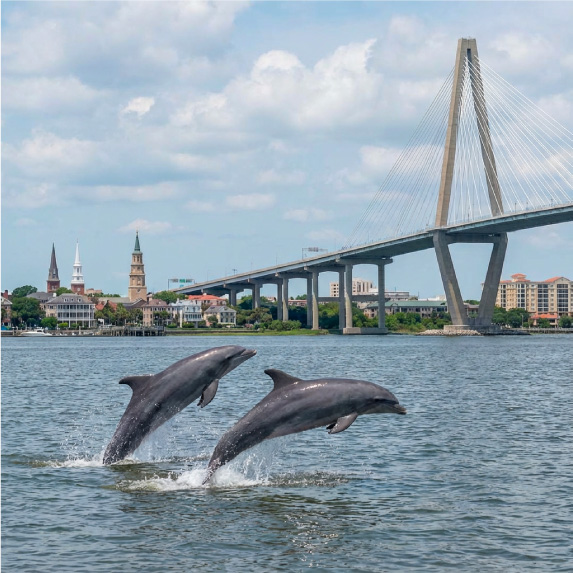 Dolphins near Charleston Harbor bridge